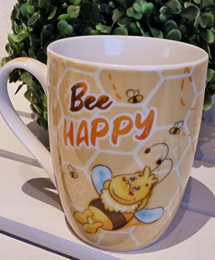 Tasse / Becher mit Beschriftung "Bee happy"