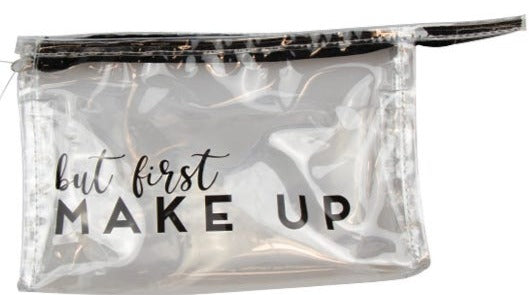 Make Up Tasche, durchsichtig mit  "But First Make-up"-Slogan - British Moments