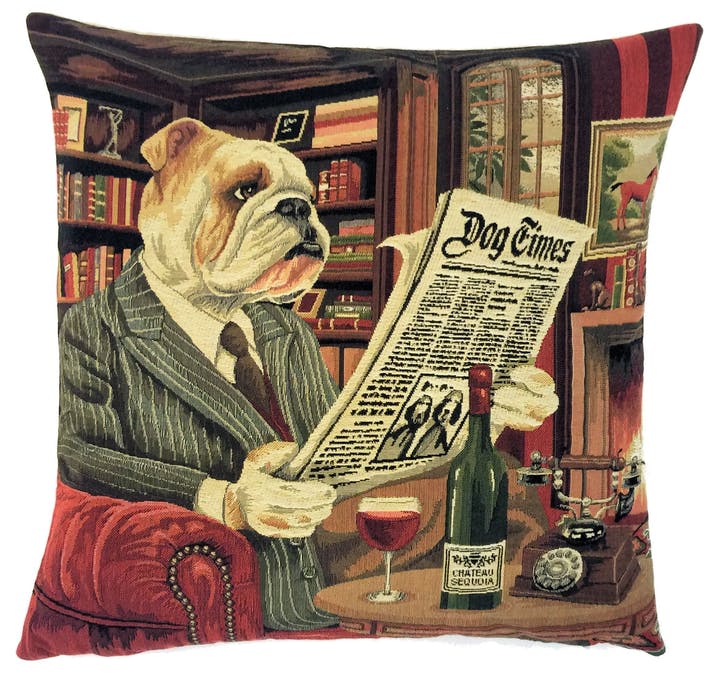 Kissen,  "Bulldog reading Newspaper" Handarbeit 45cm  x 45 cm  +++NEU, COMING SOON+++ - British Moments