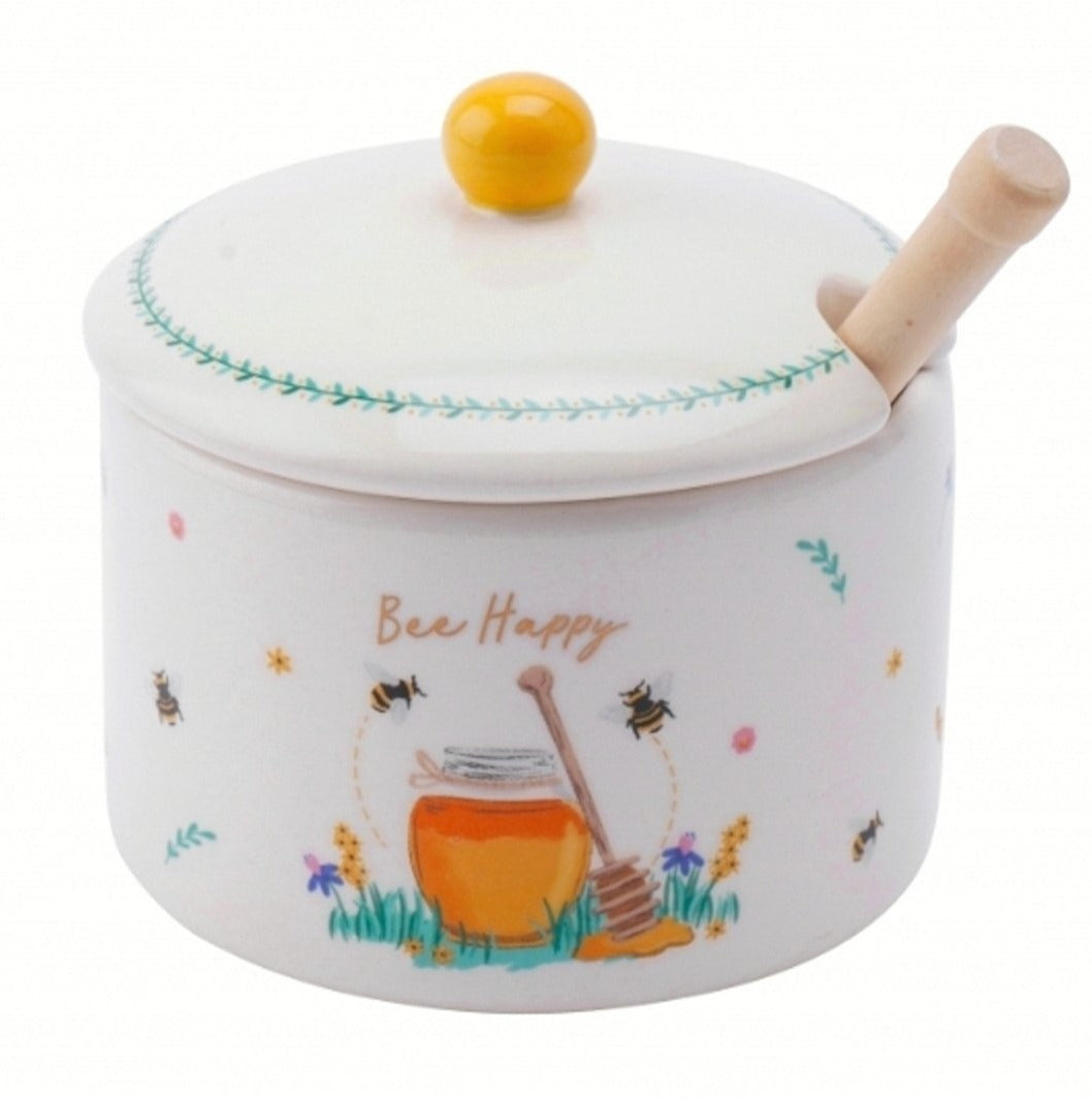 Honigtopf "Bee happy" mit Honiglöffel (Drizzler) aus Holz - British Moments