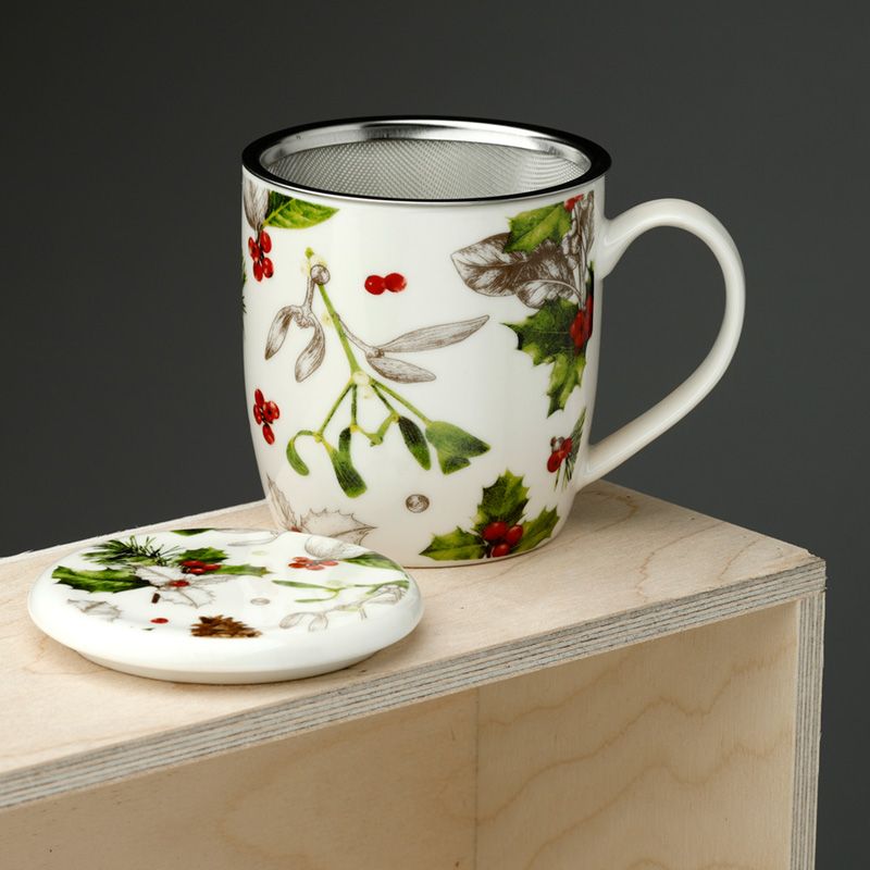 Tasse  "Winter Botanicals" mit Tee-Ei und Deckel, Porzellan - British Moments / Fernweh-Kaufhaus