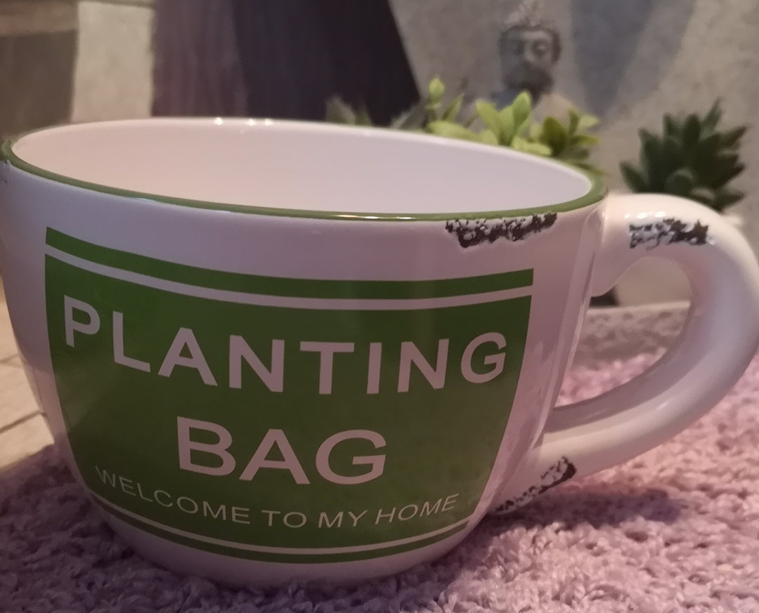 Riesen -Pflanztasse, shabby, mit Beschriftung "Planting Bag - Welcome to my home"(weiß/grün) - British Moments
